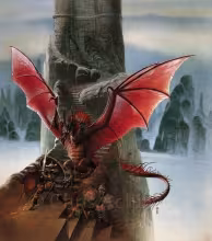 Painting of a dragon with a tower in the background for Talisman, the board game, for its 2nd edition.