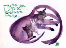Watercolor of a Displacer Beast, a D&D monster which resembles a great cat with tentacles. This Displacer Beast is a female with a litter of Displacer Beast kittens.