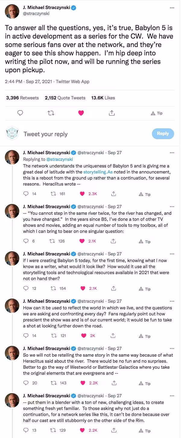 Tweets from JMS about the Babylon 5 reboot.