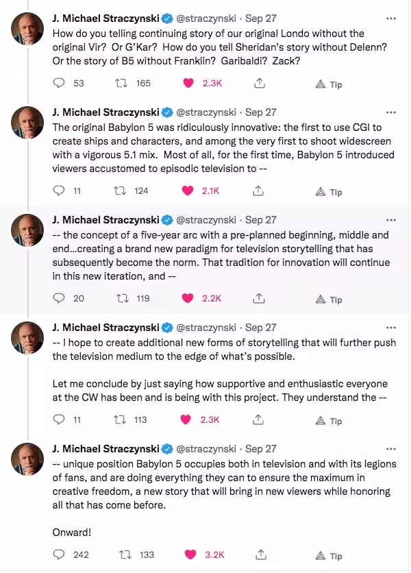 Tweets from JMS about the Babylon 5 reboot.