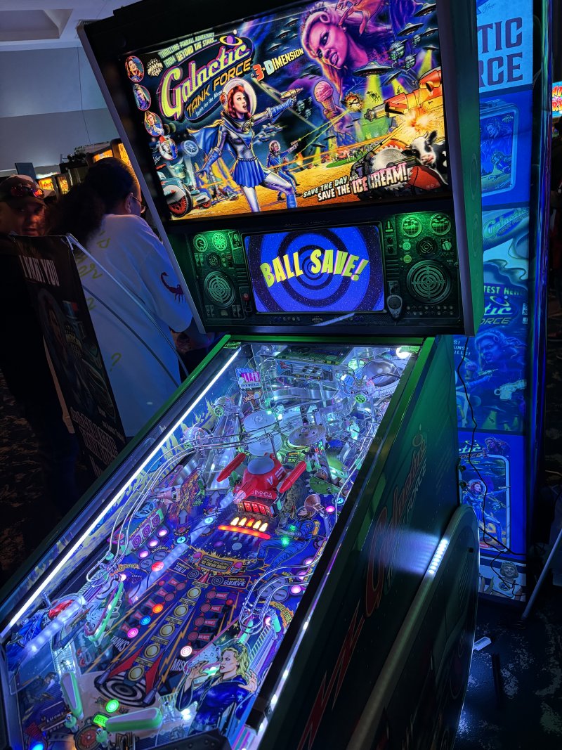 Galactic Tank Force pinball table with "Ball Save" on the attract screen.